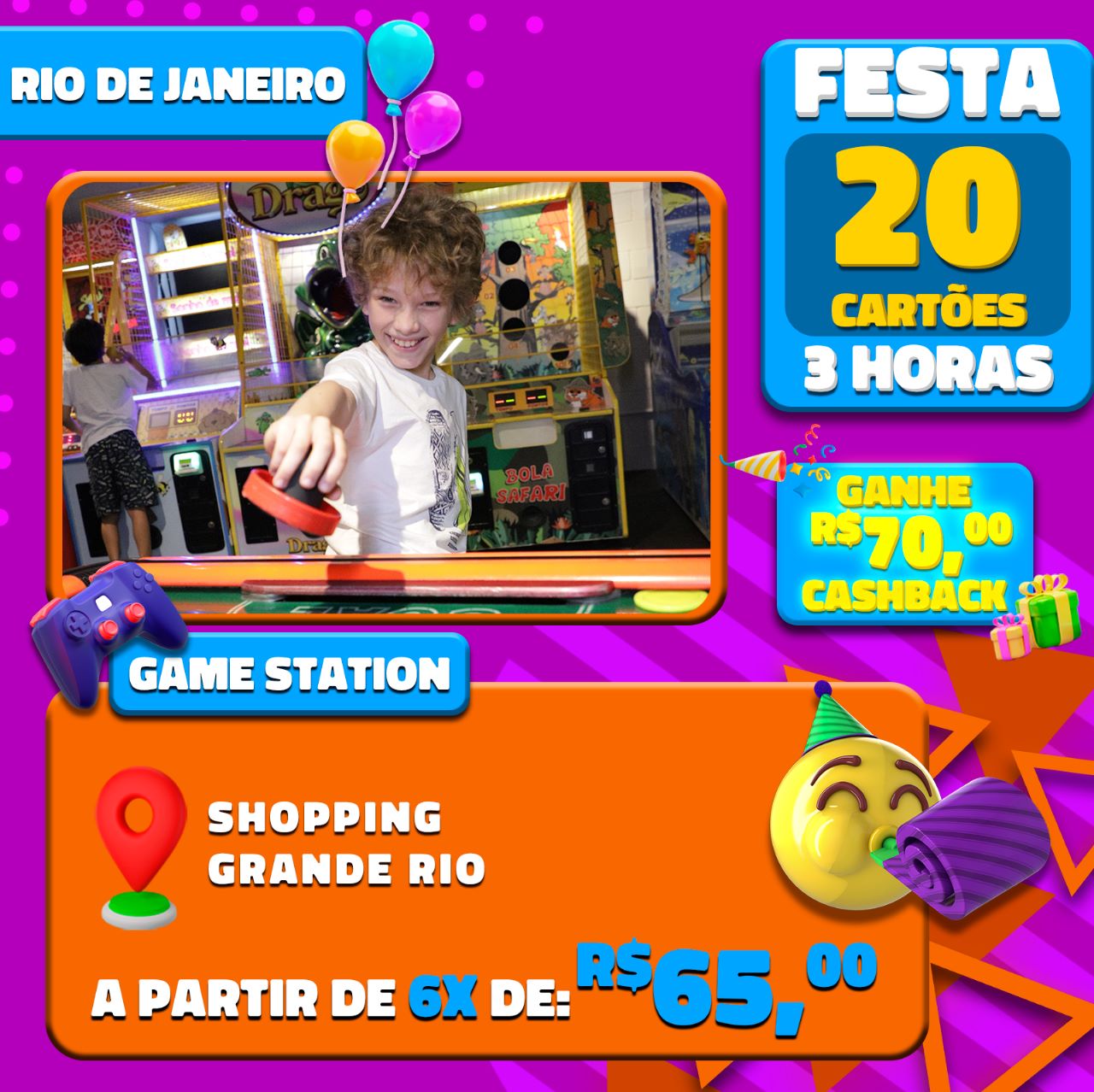 FESTA GAME STATION C/SALÃO DE FESTAS POR 3H SHOPPING GRANDE RIO