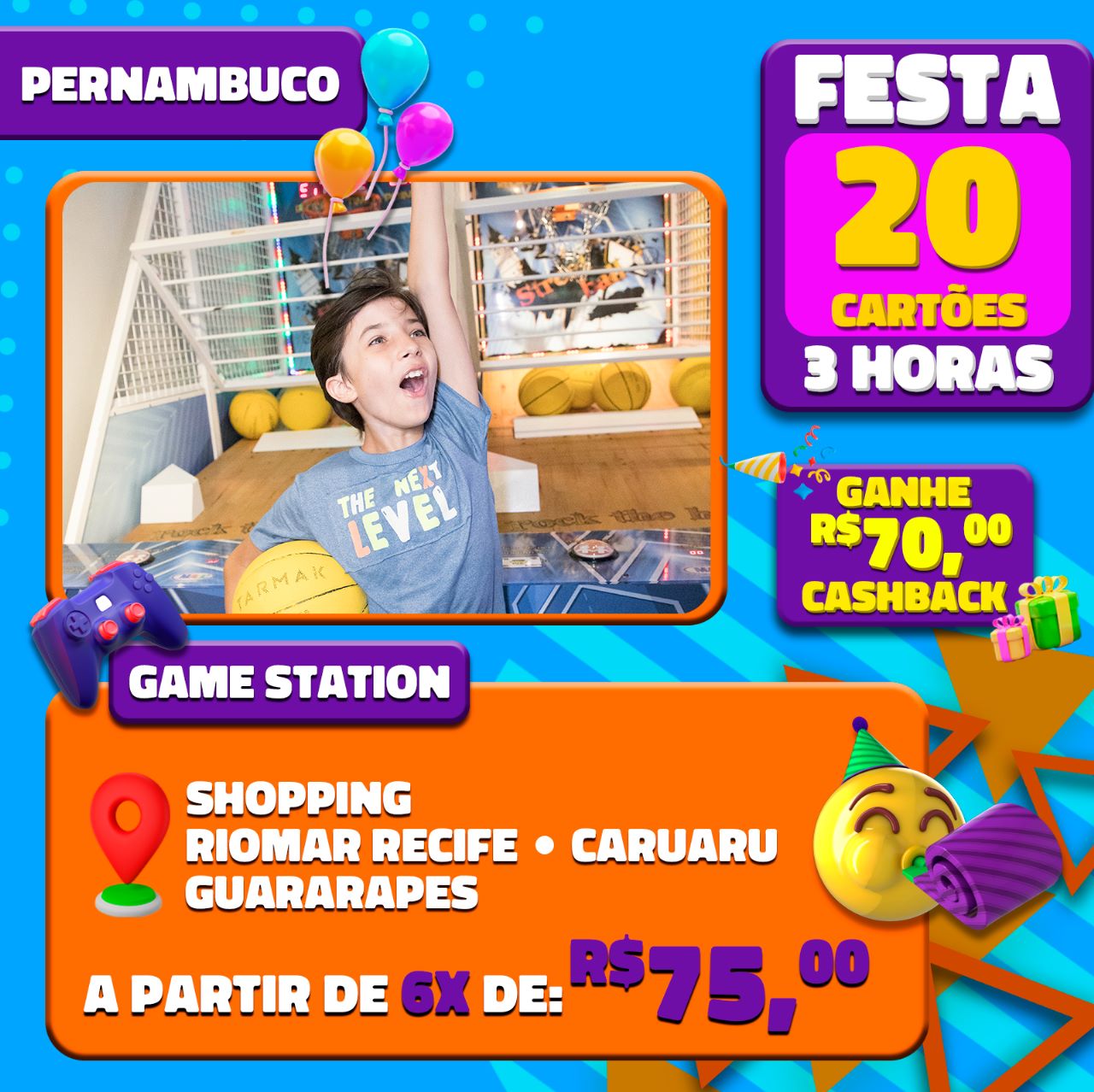 FESTA GAME STATION C/SALÃO DE FESTAS POR 3H SHOPPINGS GUARARAPES