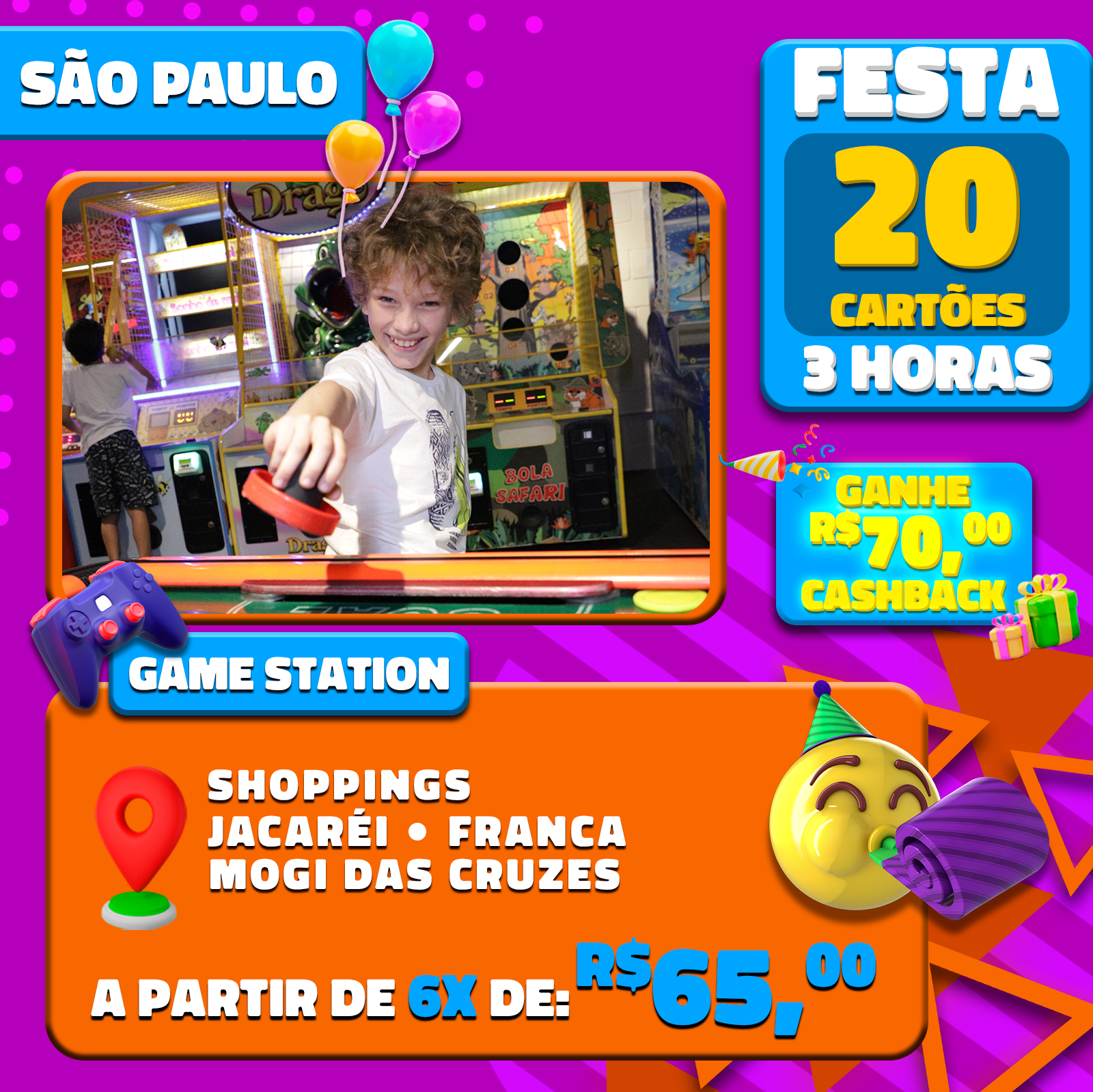 FESTA GAME STATION C/SALÃO DE FESTAS POR 3H SHOPPINGS BOA VISTA /CAMPO  LIMPO/ BUTANTÃ