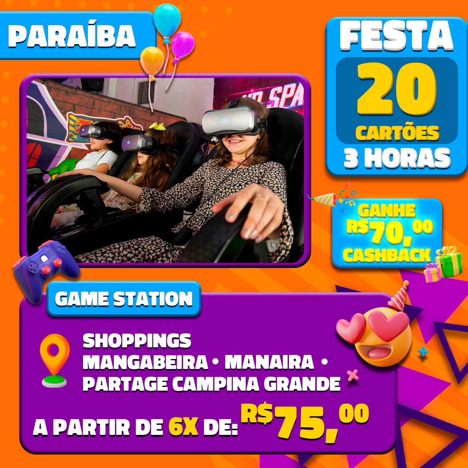 FESTA GAME STATION C/SALÃO DE FESTAS POR 3H SHOPPINGS MACEIÓ SHOPPING/MACEIO  PATIO