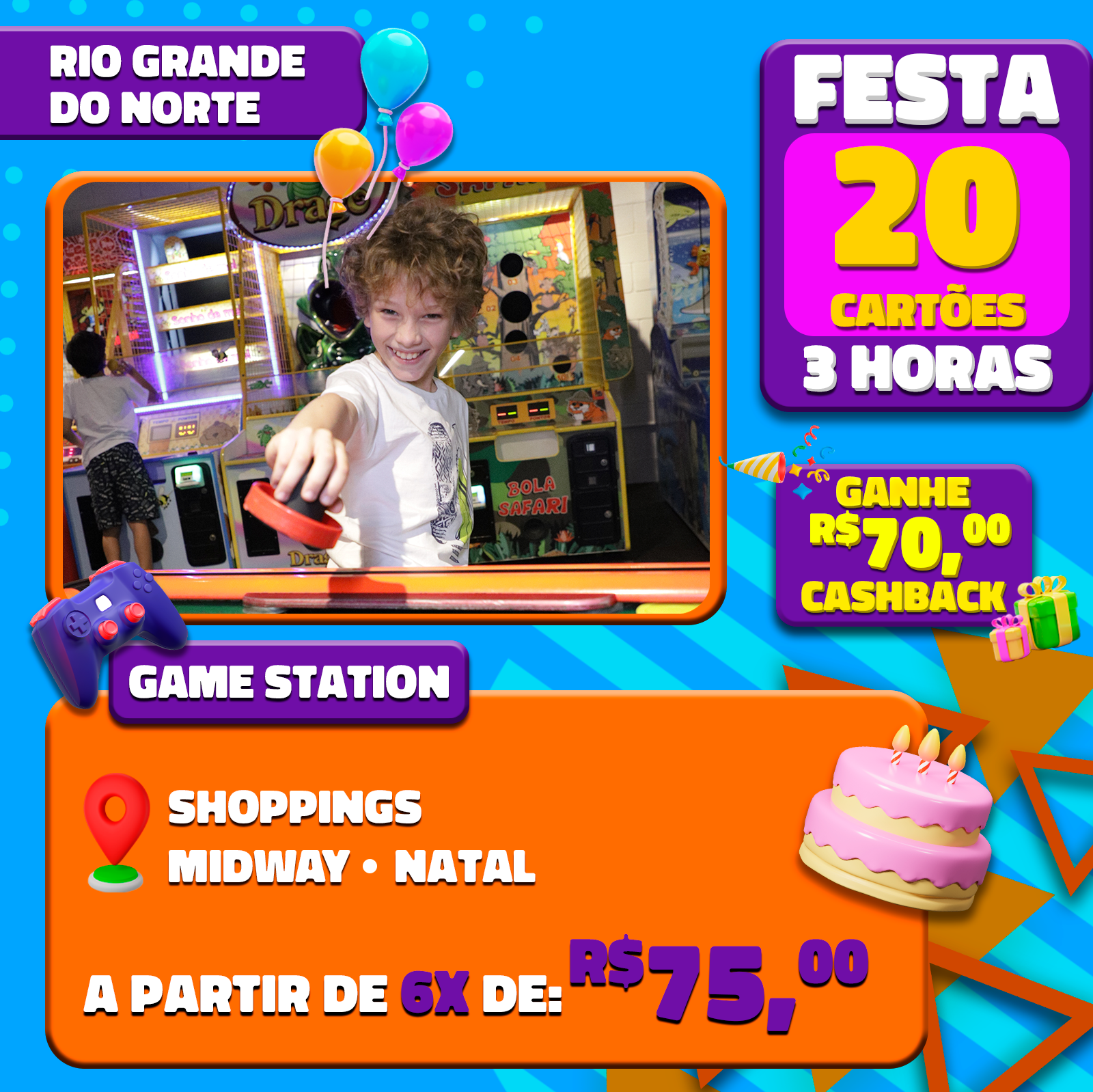 FESTA GAME STATION C/SALÃO DE FESTAS POR 3H SHOPPINGS GUARARAPES